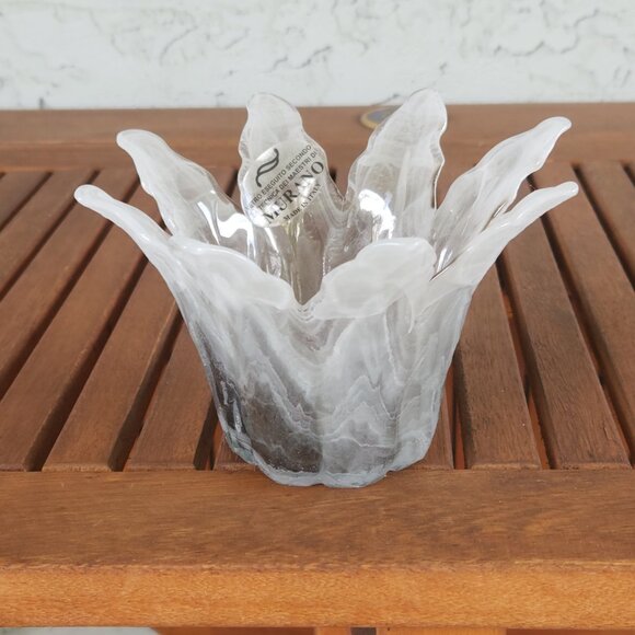 Murano Handblown Glass Candle Holder, 6.25" Wide, Smoky Gray & White, from Italy - Picture 4 of 7